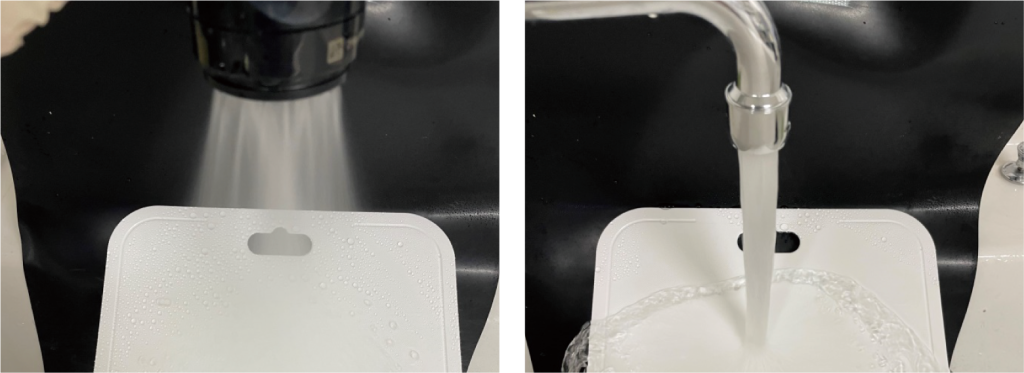 ミラブルプロダイナーと市販水栓の二種類で汚染させたまな板を流す。